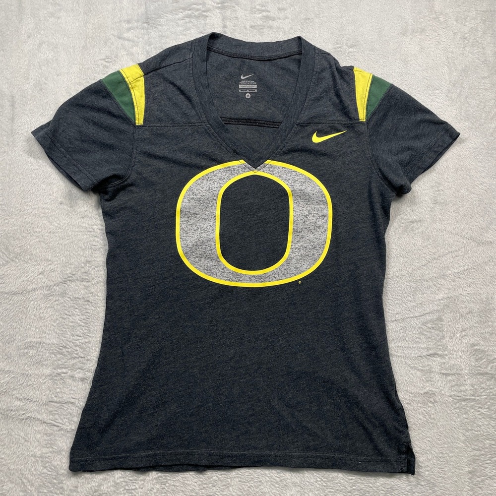 Nike Oregon Ducks T-Shirt Women Medium Gray V-Neck Jersey Style Graphic Tee